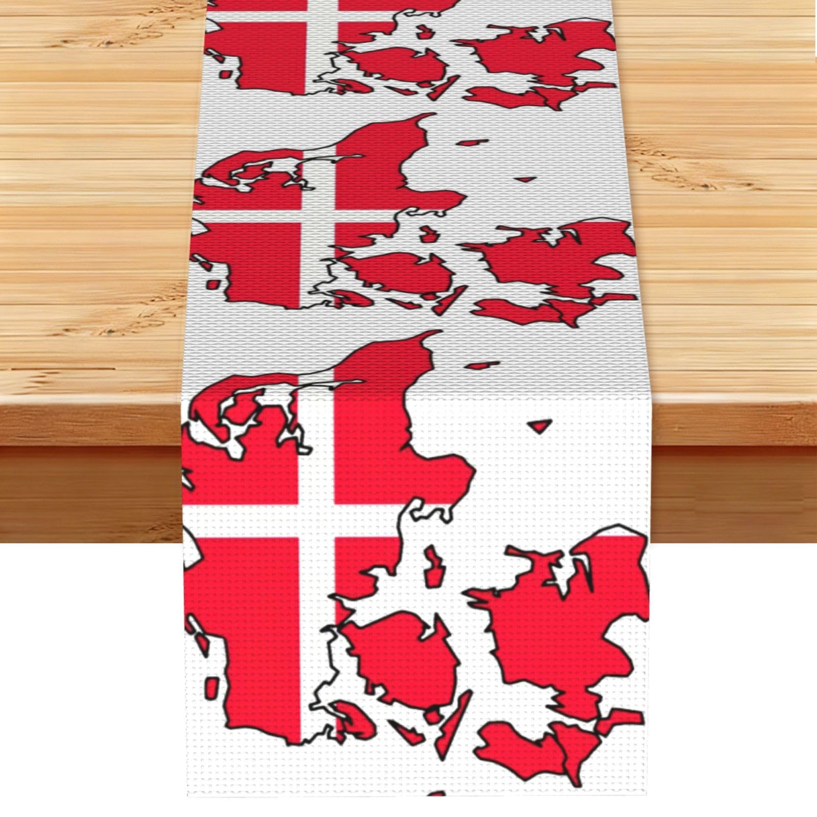 Danish Flag Map Printed Table Runner 13 x 72, Wrinkle Resistant Decor for Dining Table Coffee Table Fireplace