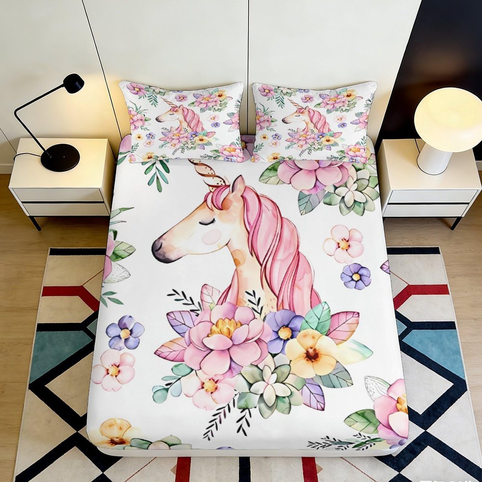 3D Printed Unicorn Floral Fitted Sheet Microfiber Soft Pastel Cartoon Mattress Cover for Bedroom Dorm Mattress Protection Decor 160x200x25cm