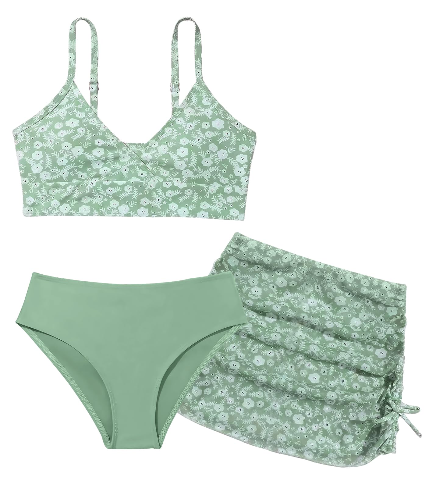 SEAUR Meisjesbikiniset met rok, 3-delige badkleding, gevoerd, tieners, badmode, modieus bedrukt badpak, kinderen, 130-160 cm, groen, 140