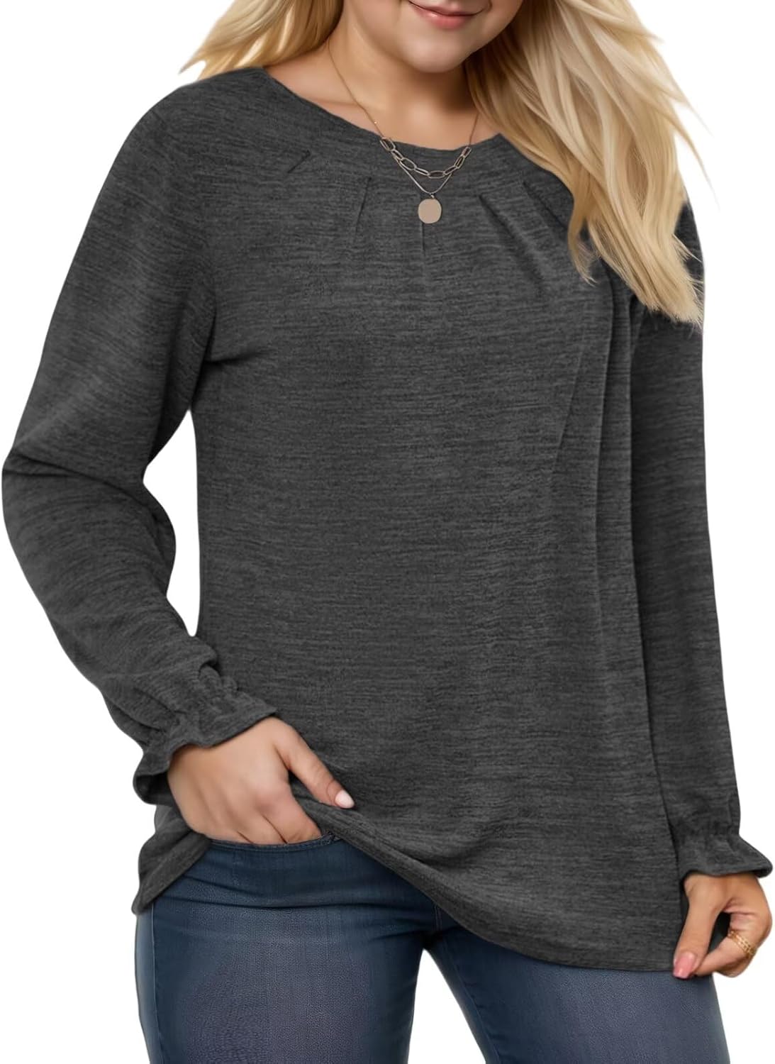 DOLNINE Womens-Plus-Size-Sweatshirts Ruffle Long Sleeve Fall Tops Casual Loose Pleating Shirts Dressy Crewneck Tunic Blouses - Image 2