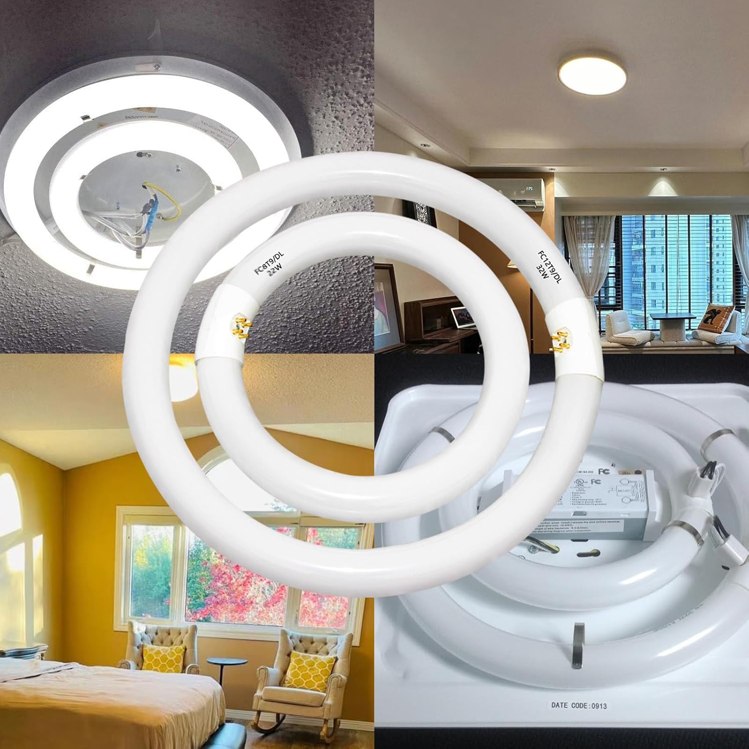 Valoisa FC8T9 22W and FC12T9 32W Daylight Set,8 inch T9 22 Watts Circular Light Bulbs,12 inch 32 Watts Circline Fluorescent Bulb,Circline Kitchen and Bath Fluorescent Lamp Kit,6500K,G10Q Base