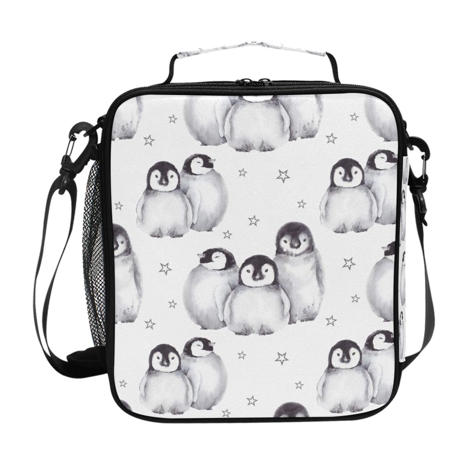 Mnsruu Baby Penguins Star Lunch Bags Insulated School Lunch Bag for Kids Boys Girls Toddler Reusable Lunch Box Thermal Cooler Bag Tote Bag Shoulder Strap