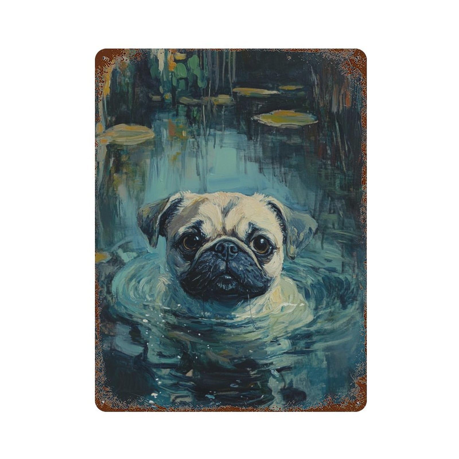 Rust Effect Pug Swimming in Pond Rustic Tin Plaque 15.7"x11.8", Old School Wall Decor for Shed, Workshop And Garage Wall Decor