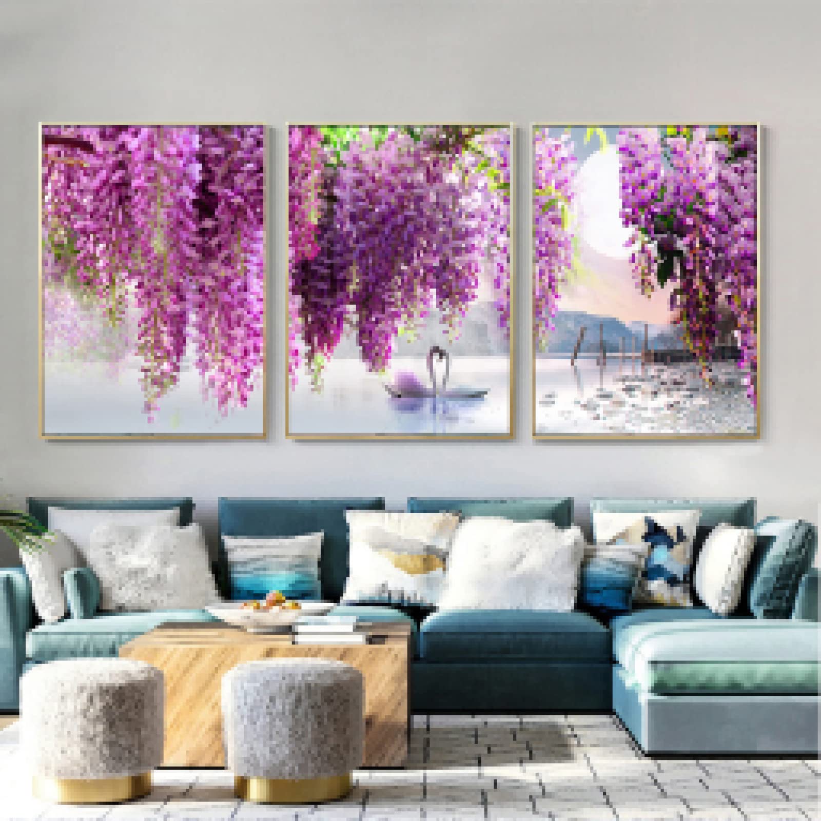 Arte de la pared pintura de lago y flores decoración salón tríptico naturaleza nórdica 8