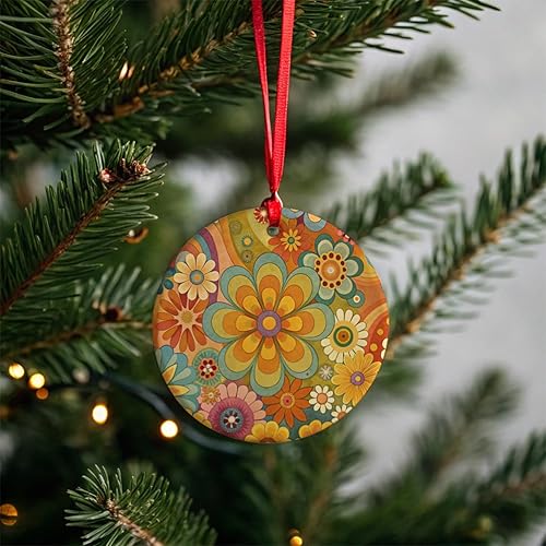 Miniatura 3 de 70's Retro Groovy Hippie Pretty Floral Design 2025 Round Ceramic Holiday Christmas Tree Ornament