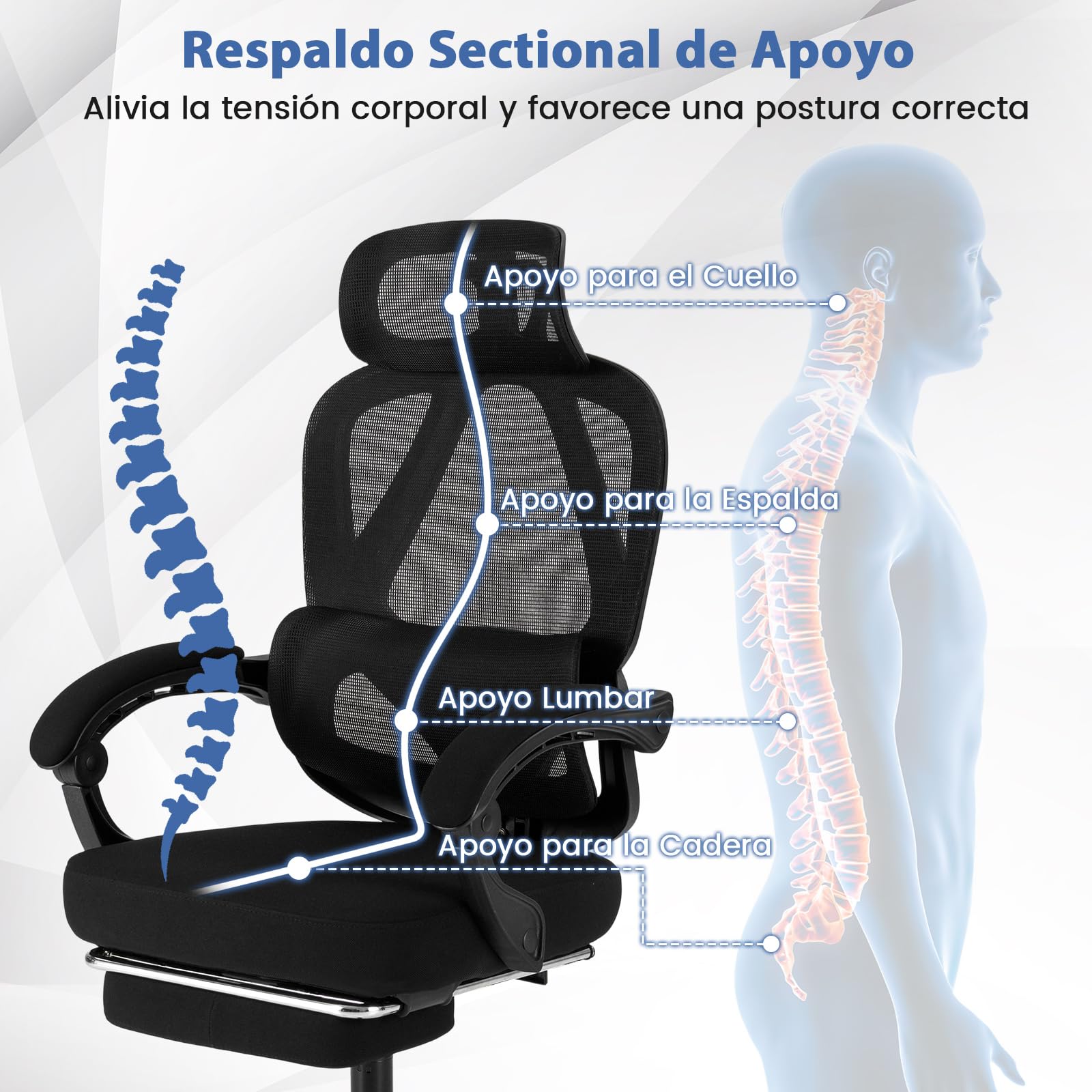 COSTWAY Silla Oficina Ergonomica, Respaldo Alto de Malla y Reposapiés Retráctil, Silla Gaming, Respaldo Inclinable, Reposacabezas, Altura y Soporte Lumbar Ajustables, Office Chair Ruedas