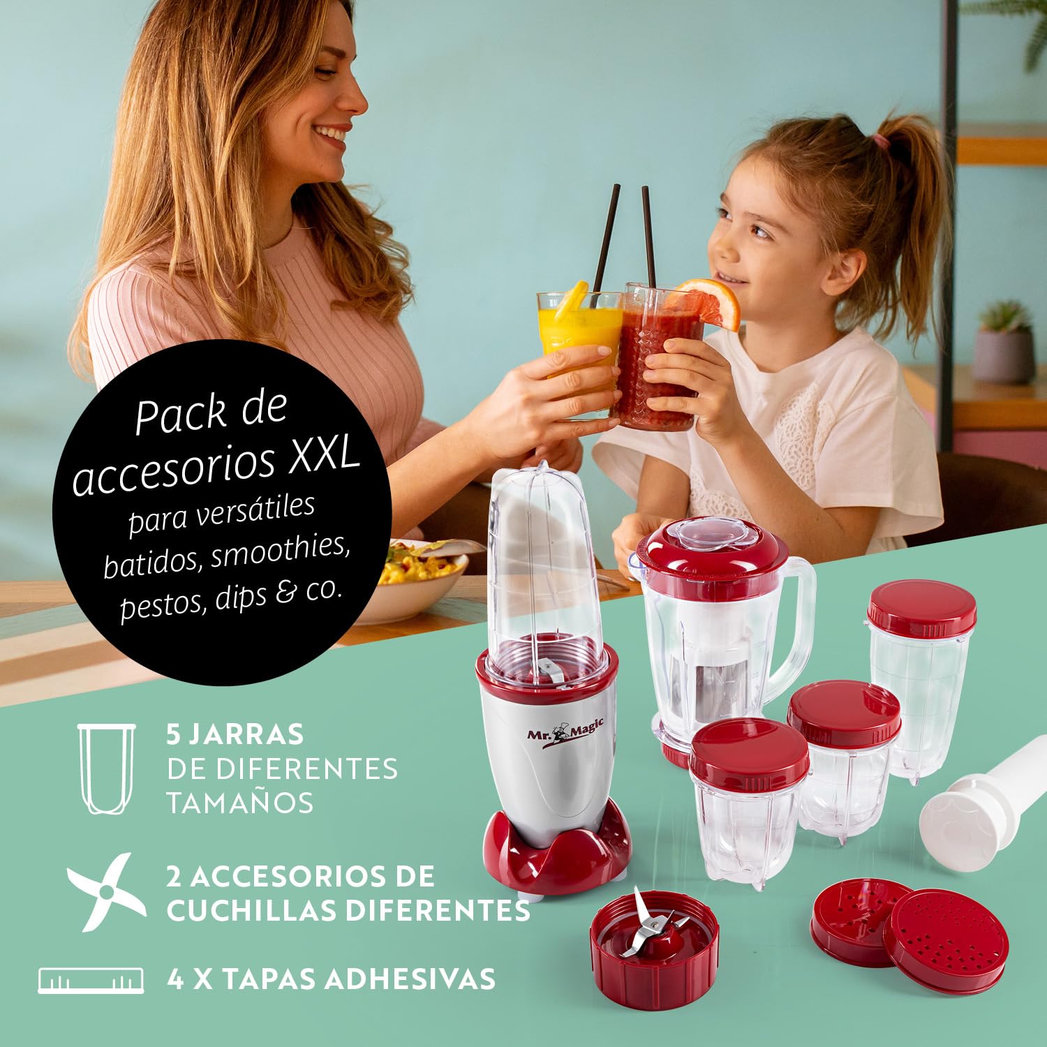 GOURMETmaxx Mr. Magic Mixer | Smoothie Maker con pack de accesorios XXL | Batidora de pie 18 piezas | Con tapas herméticas a prueba de fugas | Procesador de alimentos para batidos, smoothies, etc.