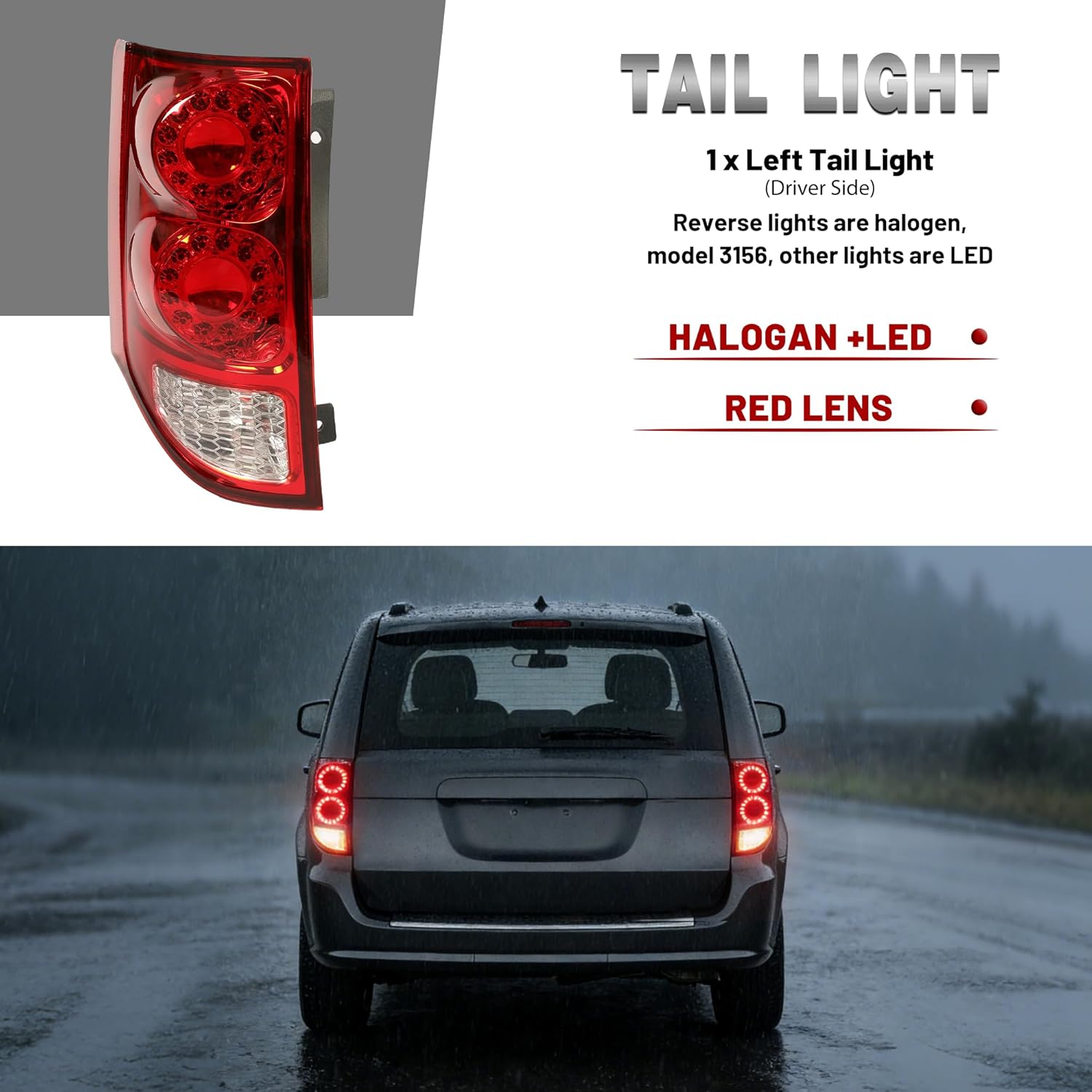 HECASA Left Tail Light Compatible with 2011-2020 Dodge Grand Caravan & Ram C/V Replacement for 05182535AF Rear Brake Lamp Taillight Tail Lamp Driver Side