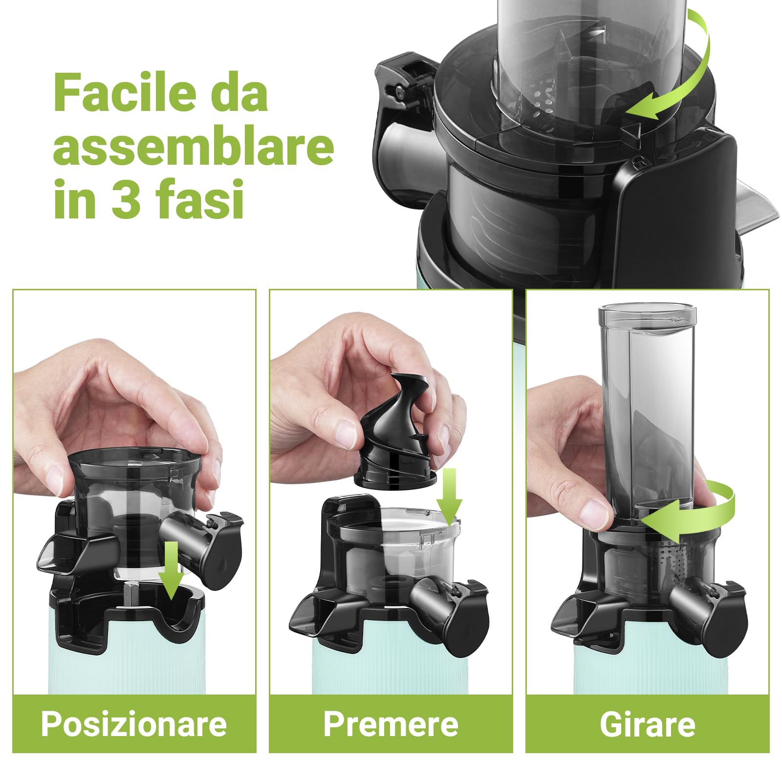 Estrattore frutta e verdura AOBOSI-Mini estrattore con funzione di masticazione inversa -estrattore di succo con spazzola e 2 tazze -150W estrattore a freddo - Spremiagrumi elettrico-Verde.