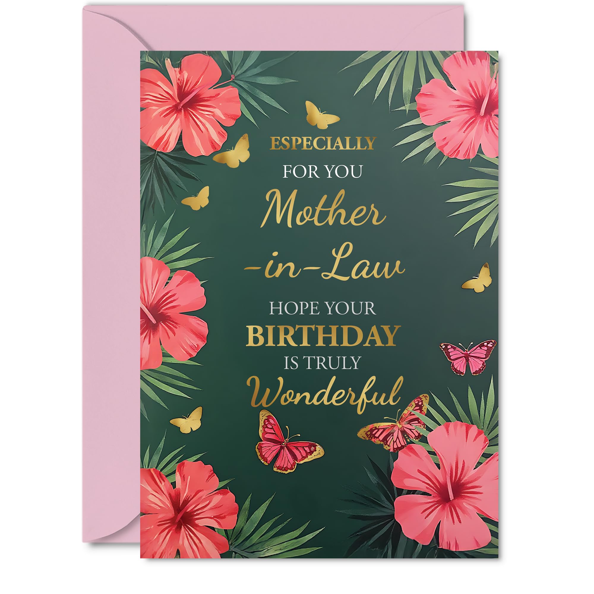 Gold Mother in Law Birthday Card - Butterflies & Flowers - Happy Birthday Card for Mother in Law from Son Daughter, A5 Golden Butterflies & Flowers Bday Greeting Cards