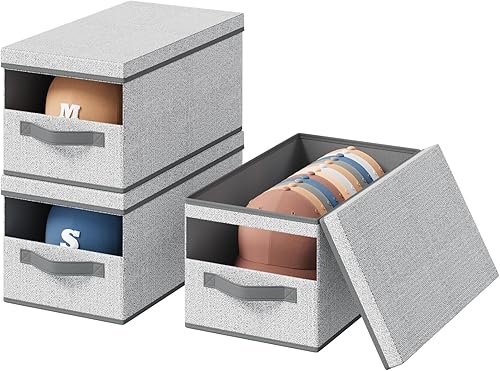 Miniatura 12 de Organizador de Sombreros para Gorras de Béisbol - Juego de 3 Cajas Apilables y Plegables con Tapa Protectora, Organizador de Sombreros con Ventana