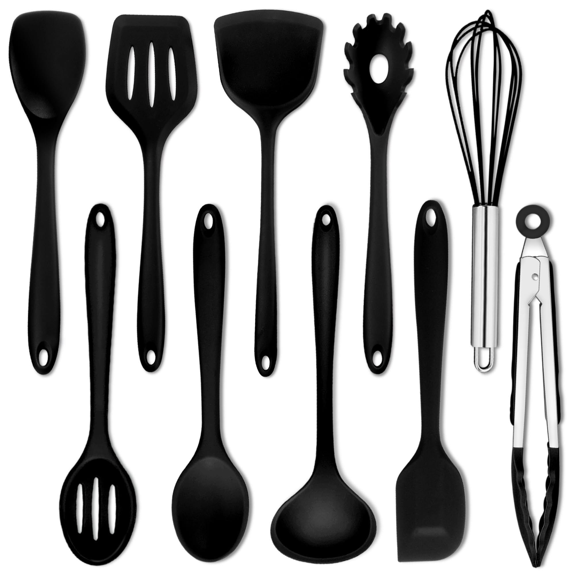 E-far 10 Pieces Silicone Cooking Utensils Set, Heat Resistant Kitchen Utensil Set for Nonstick Cookware, Kitchen Cooking Tools with Spatula, Spoon, Slotted Turner, Non-Toxic & Dishwasher Safe (Black)