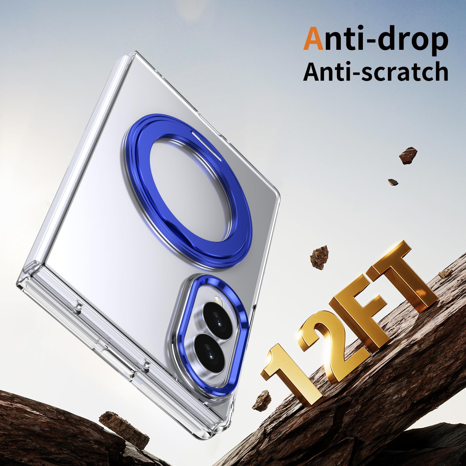 Transparente Schutzhülle für Samsung Galaxy Z Fold 8, magnetischer Ringhalter, 360° drehbarer Ständer, Displayschutzfolie, dünn, Anti-Vergilbung, Anti-Fingerabdruck, Blau