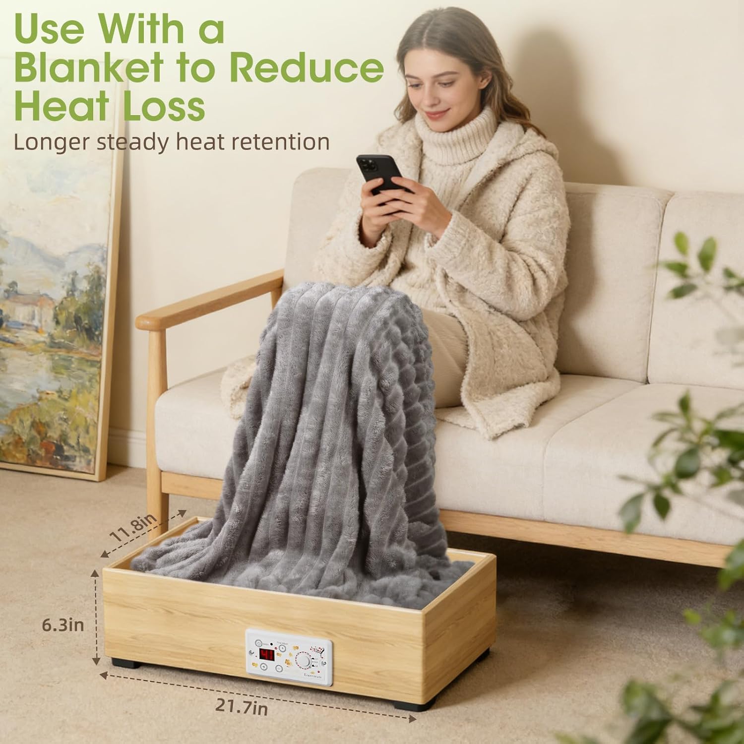 Condition photo showing New/Like New for wooden under desk foot warmer, powerful fast heating personal heater for feet and legs, silent energy saving with thermostat & timer for home office (temp adjustment tutorial in video gallery)