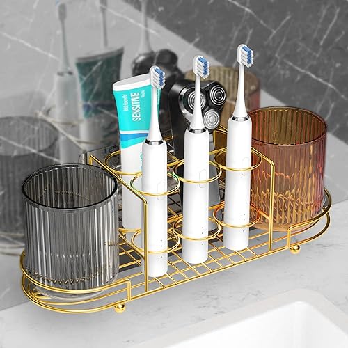 Miniatura 2 de Aolldy Portacepillos de dientes con 2 tazas  Soporte de pared para cepillos de dientes eléctrico de acero inoxidable dorado, soporte para maquinilla