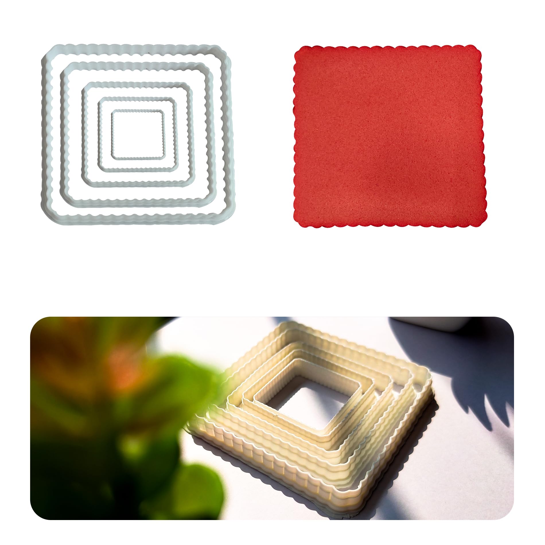 JSA 5-Piece Curl Edge Square Cutter Set for Cookie Fruit Vegetable Sandwich Bread Fondant Biscuit Clay Cake Dough Polymer Cutter Craft Stencil Stamp Jewellery Making Tool