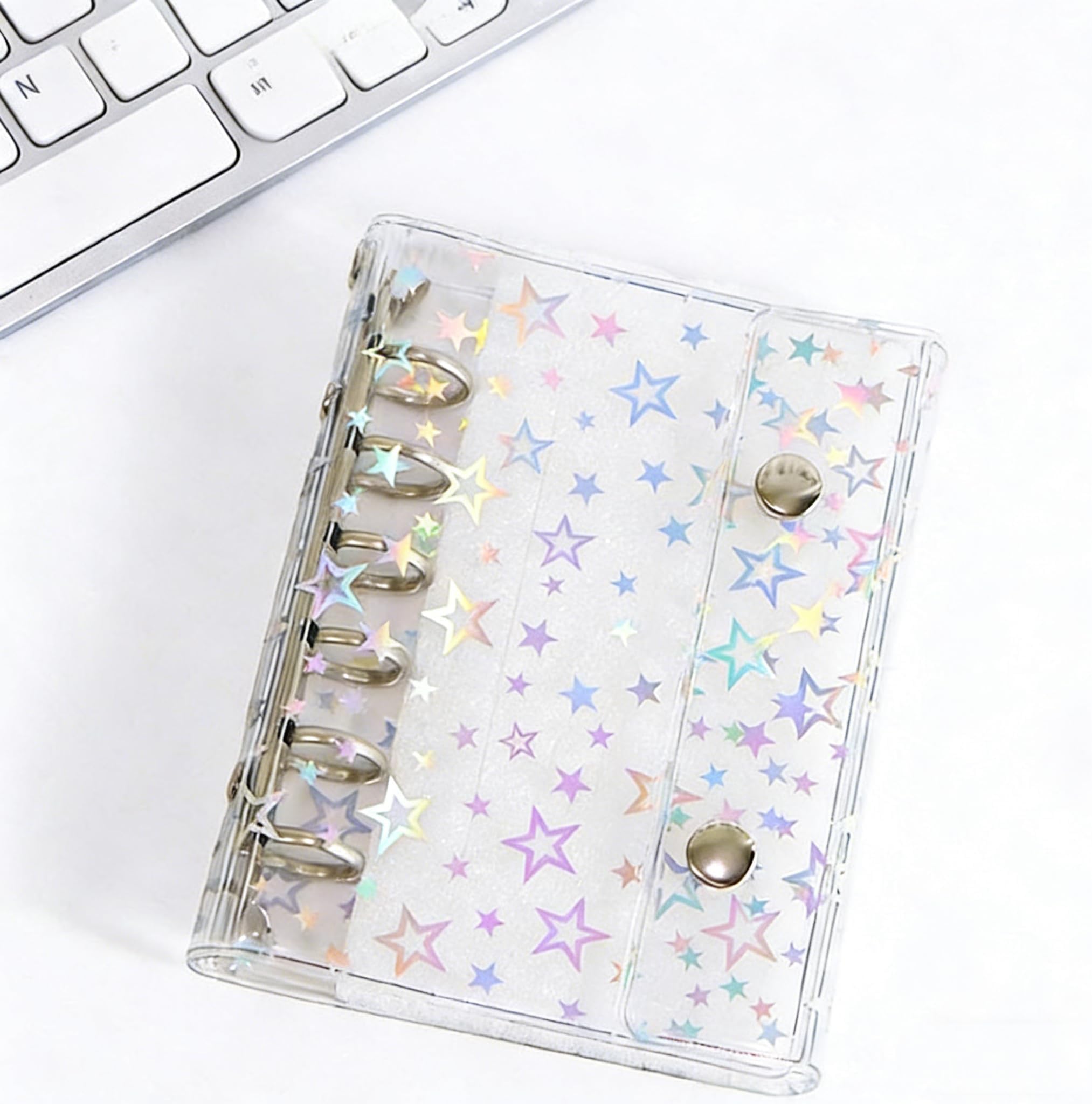 Binder Cover Clear PVC 6 Ring,Refillable Notebook,Shell Laser Star Budget Binder Sheet Protector,Double Snap Button Closure - Notebook Folder Personal File Organizer Planner