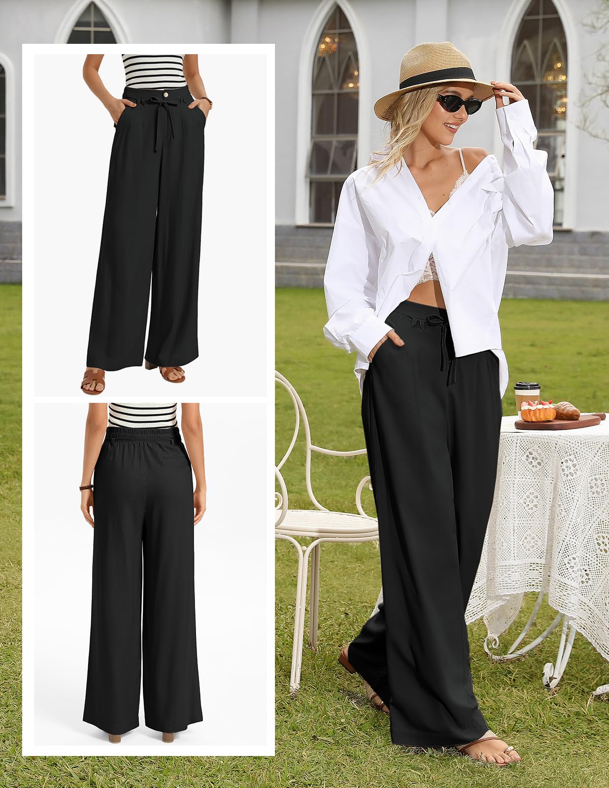 GRACE KARIN Pantalon Large en Lin pour Femme Pantalon d'été Business avec Taille élastiquée Poches et Ceinture