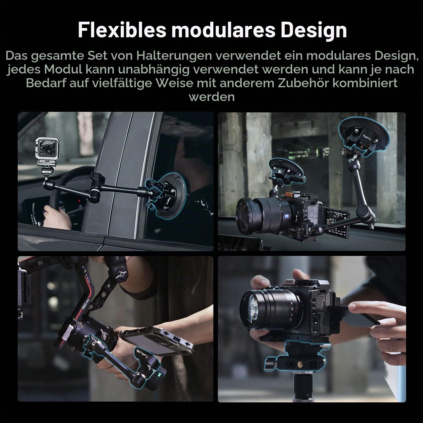 SMALLRIG 4-armiges, Saugnapf-Kamerahalterung, Camera Suction Cup Car Mount, für SLR Kamera Camcorder DSLR, Empfohlene dynamische Tragfähigkeit von 5kg, SC-15K - 3565B