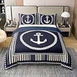 Feelyou Anchor Decor 100% Cotton Duvet Cover Twin Size Ocean Nautical Themed Bedding Set Boys Girls Geometric Stripes Navy Blue Comforter Cover Set Coastal Sea Adventure Bedspread Cover（No Comforter
