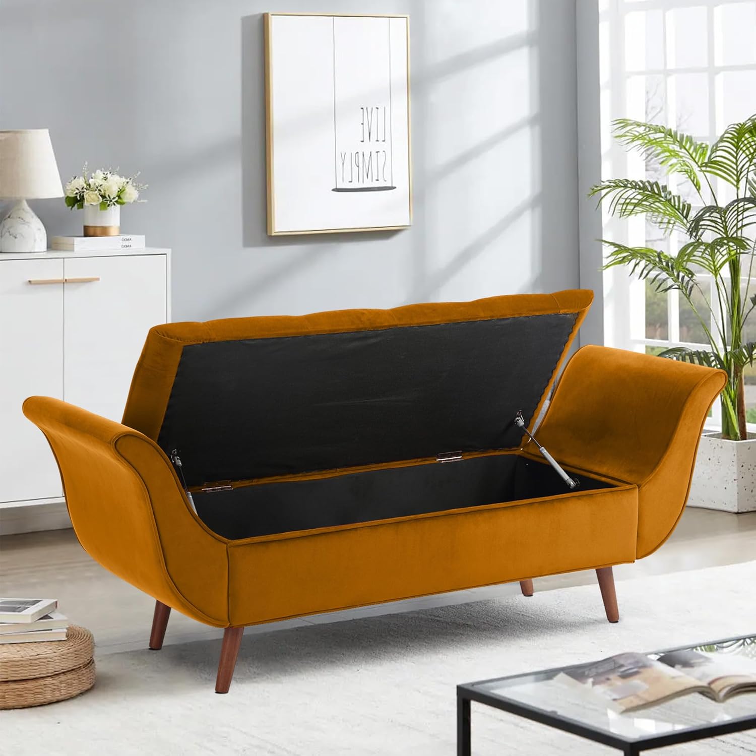 SZLIZCCC 65" Velvet Storage Bench, Vintage Bed Bench with Storage Upholstered Rolled Armed Button Tufted Entryway Bench for Bedroom End of Bed, Living Room, Entryway, Hallway, Dressing Room (Yellow)