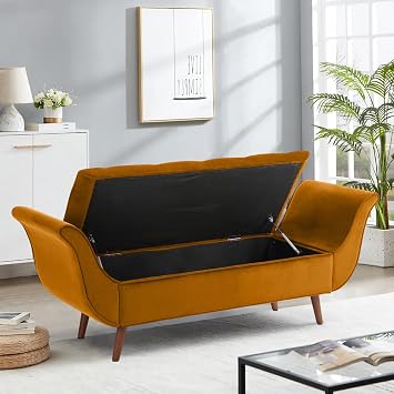 65" Velvet Storage Bench, Vintage Bed Bench with Storage Upholstered Rolled Armed Button Tufted Entryway Bench for Bedroom End of Bed, Living Room, Entryway, Hallway, Dressing Room Yellow
