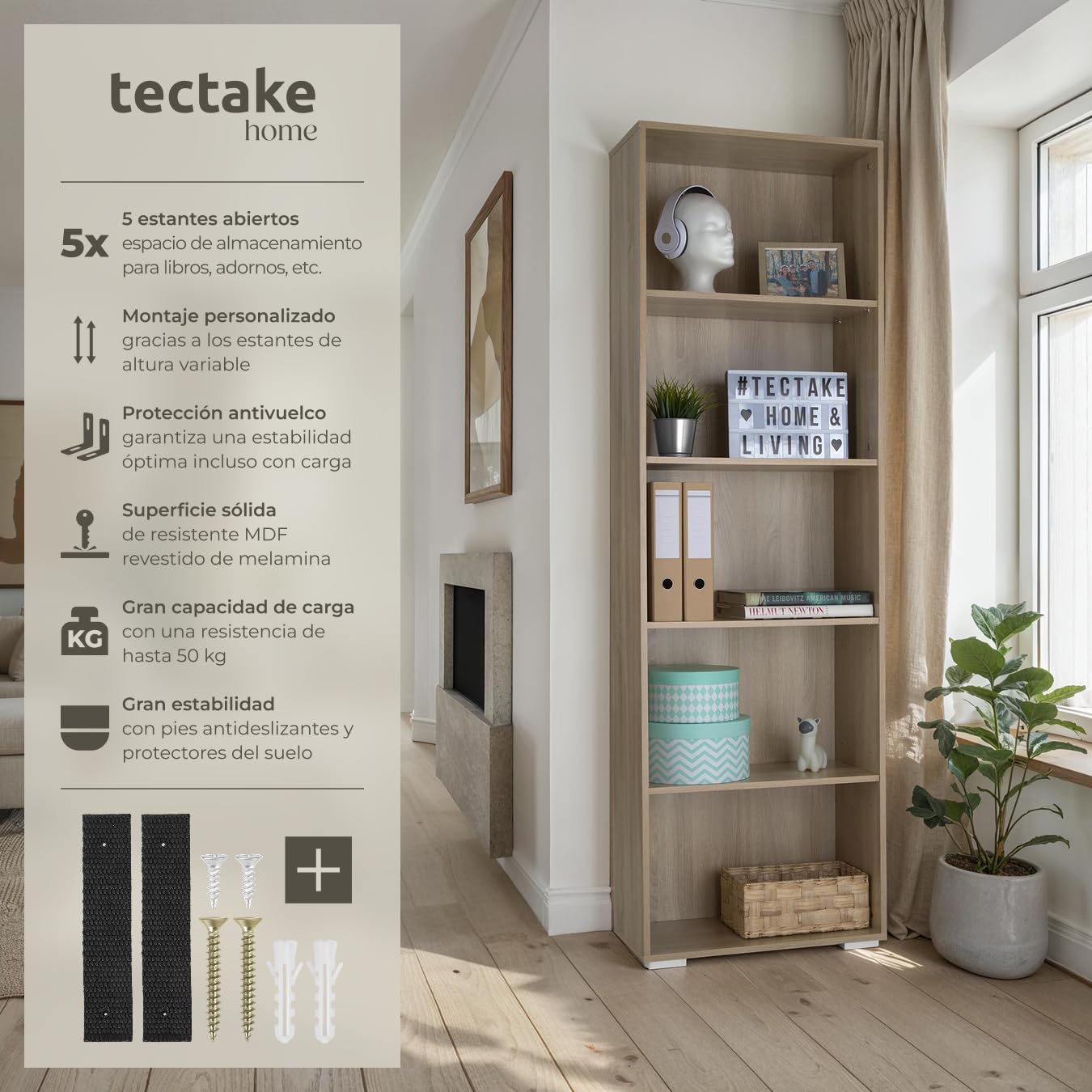 tectake® Estanteria Madera, Libreria Estanteria con 5 Compartimentos, Estanteria Almacenaje para Libros, Estanterias de Madera, Mueble Almacenaje, Estanteria Habitacion - Madera Clara, Roble Sonoma