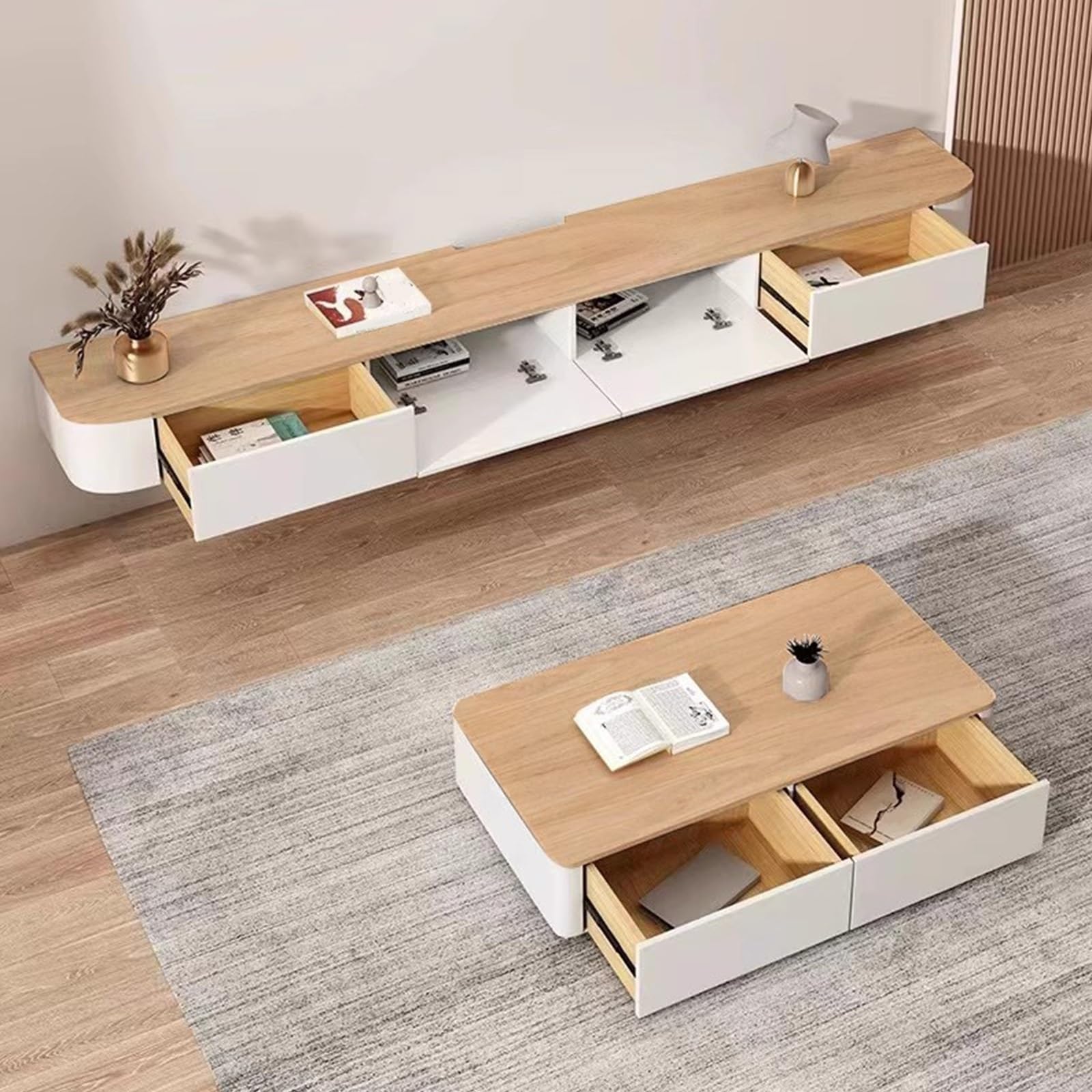 Mobile TV A Parete, Consolle TV Sospesa In Legno Massello Con Mobile Bianco E Piano In Legno Mensola Multimediale Minimalista Per Soggiorno Disponibile Nelle Misure Da 120 A 300 Cm(120CM/47.2IN)