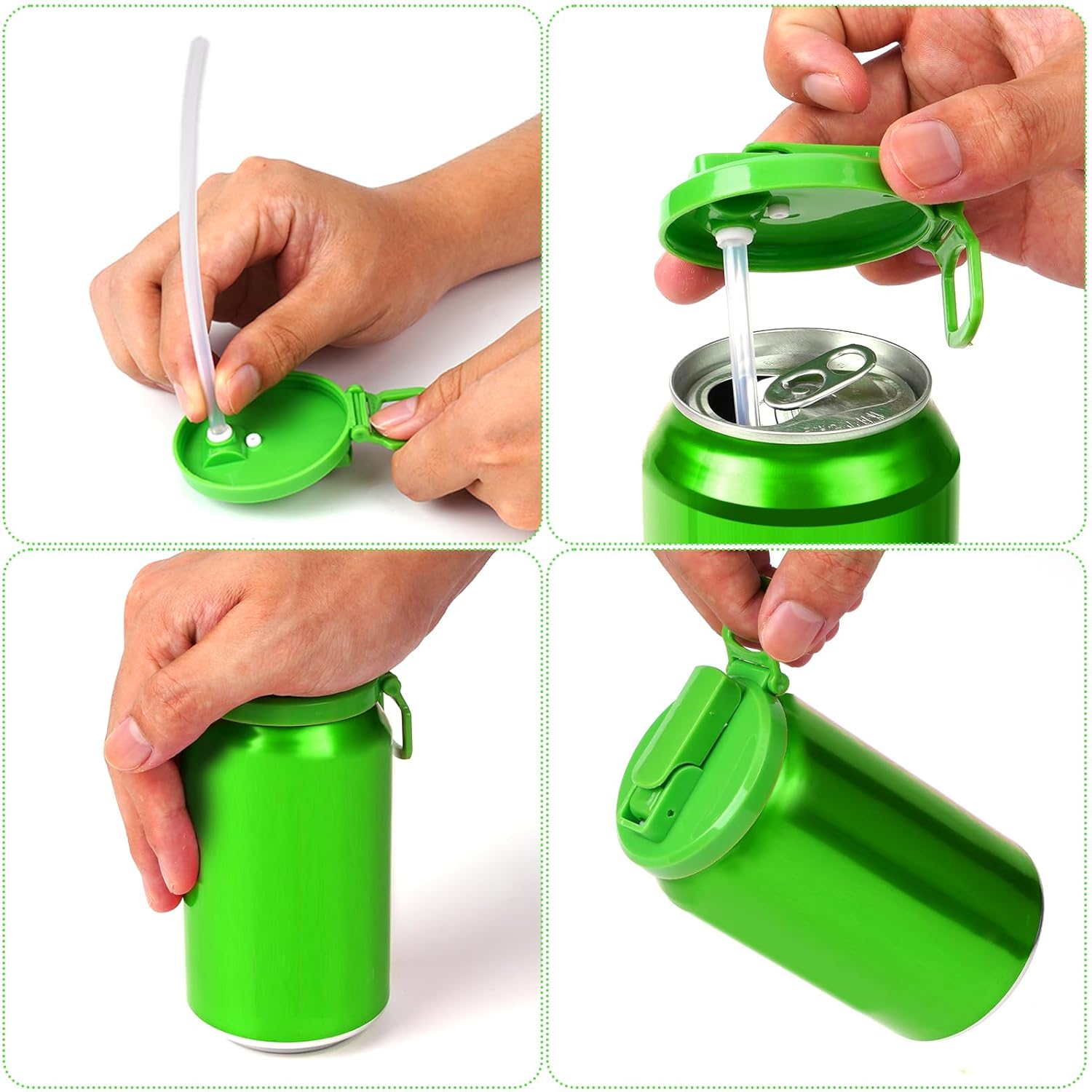 4 Pack Colorful Soda Can Lids with 8 Silicone Straws, Food-Grade Resuable Drink Covers for Standard Size Soda/Beer/Energy Drink Cans, Leak-Proof Seals for Parties, Picnic, Travel (Colour solid)