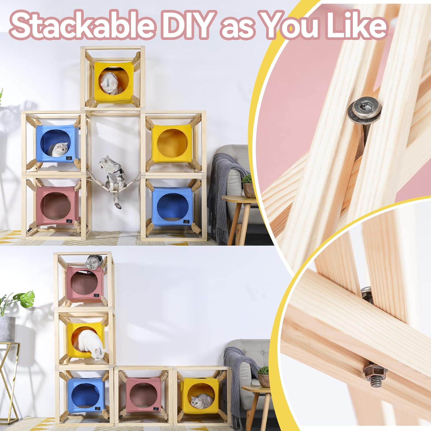 A 4 Pet Stackable Cat Cave, Modern Cat Tree for Large Cats, Wood Cat Tower Cat Condo Cat House Cat Hammock for Indoor Cats