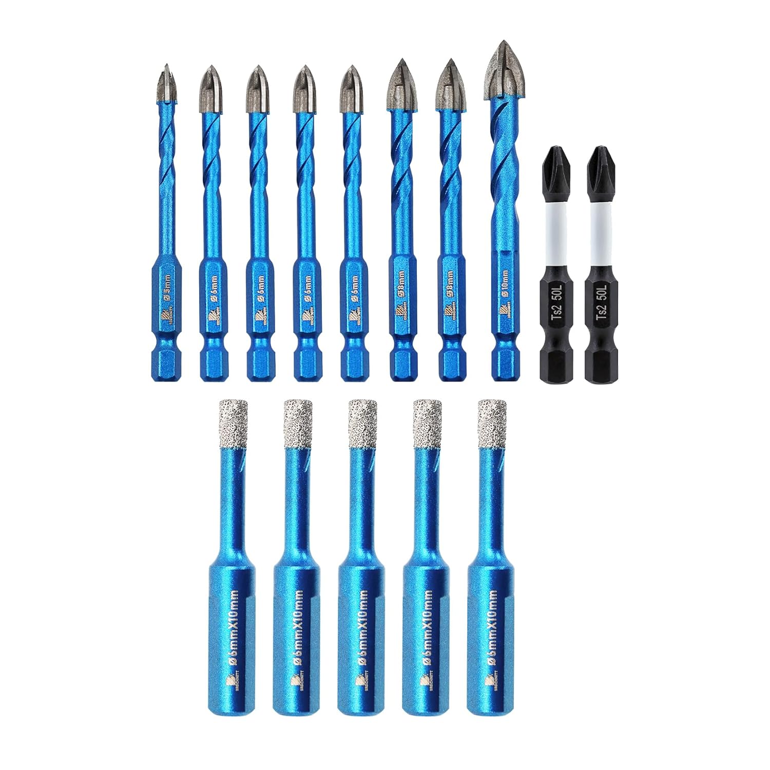 Masonry Drill Bit Set,with Phillips PH2 and 5pcs 1/4 Inch (6mm) Diamond Hole Saw Core Drill Bit
