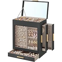 SONGMICS Jewelry Box with Glass Window, 5-Layer Jewelry Organizer with 3 Side Drawers, Jewelry Storage, with Big Mirror, Modern, 6.1 x 10.3 x 12.6 Inches, Slate Gray and Metallic Gold UJBC162G01