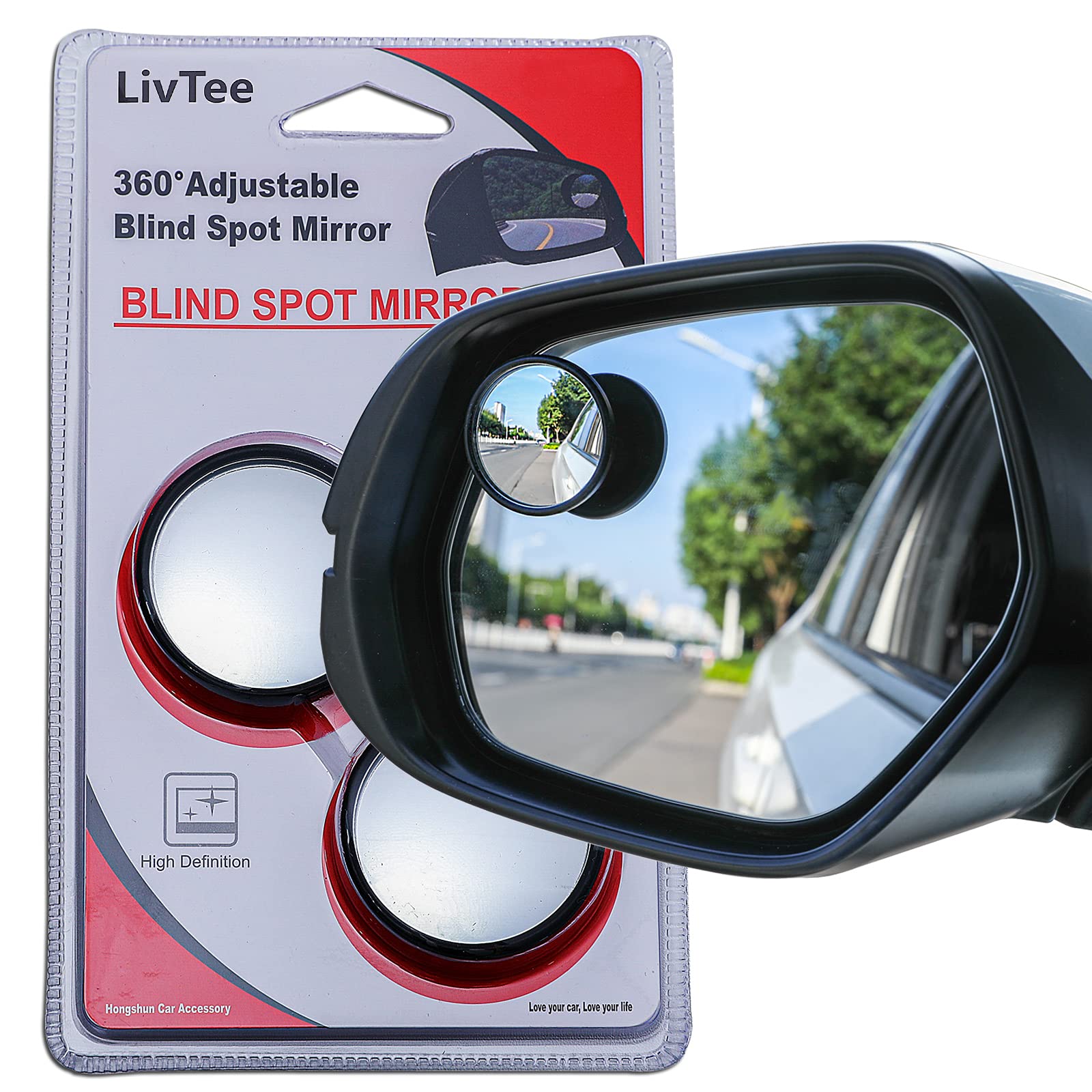 LivTee Framed Leaf Blind Spot Mirror, HD Glass And ABS Housing Convex Wide Angle Rearview Mirror With Adjustable Stick For Universal Car (2 Pcs