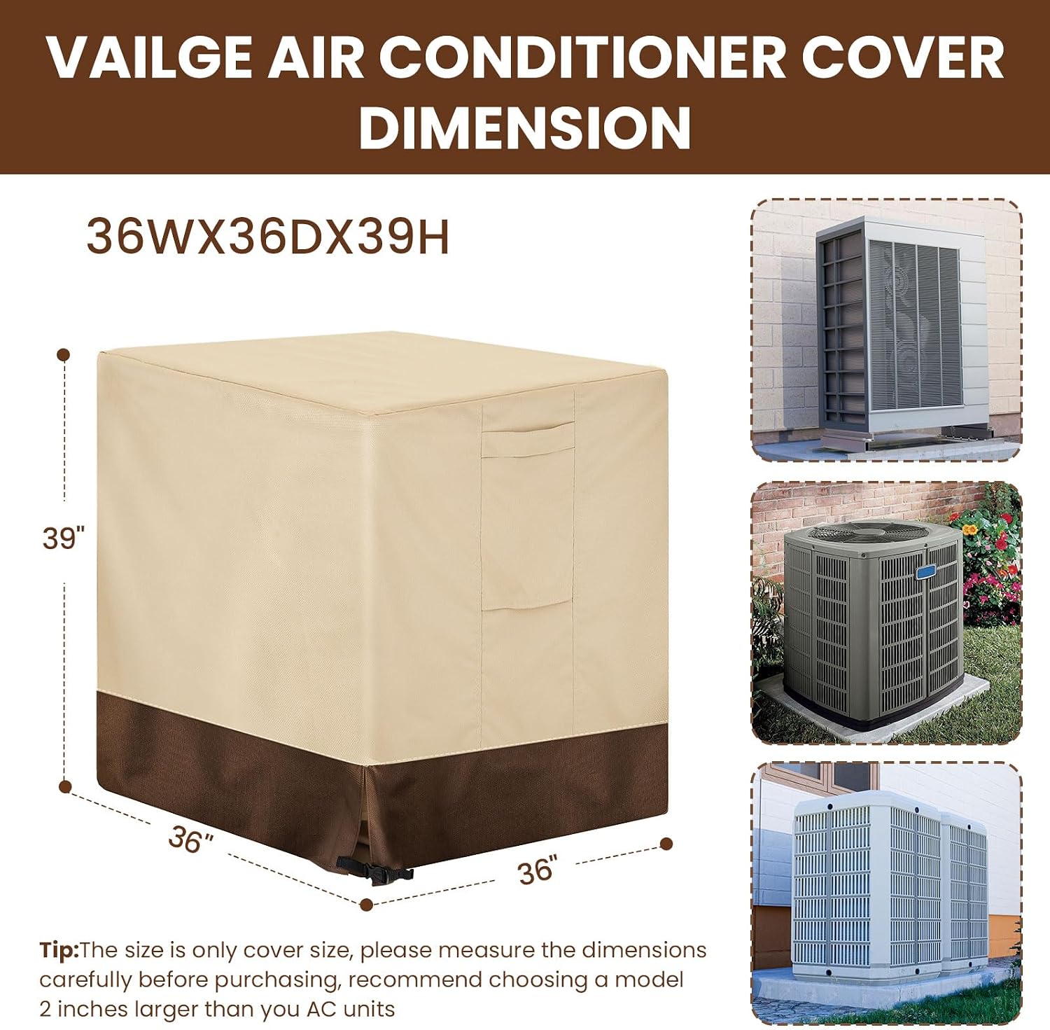 Vailge Air Conditioner Covers for Outside Units, Heavy Duty AC Covers for Outside, Waterproof AC Unit Covers Outdoor, UV&Dust&Rip& Fading Resistant