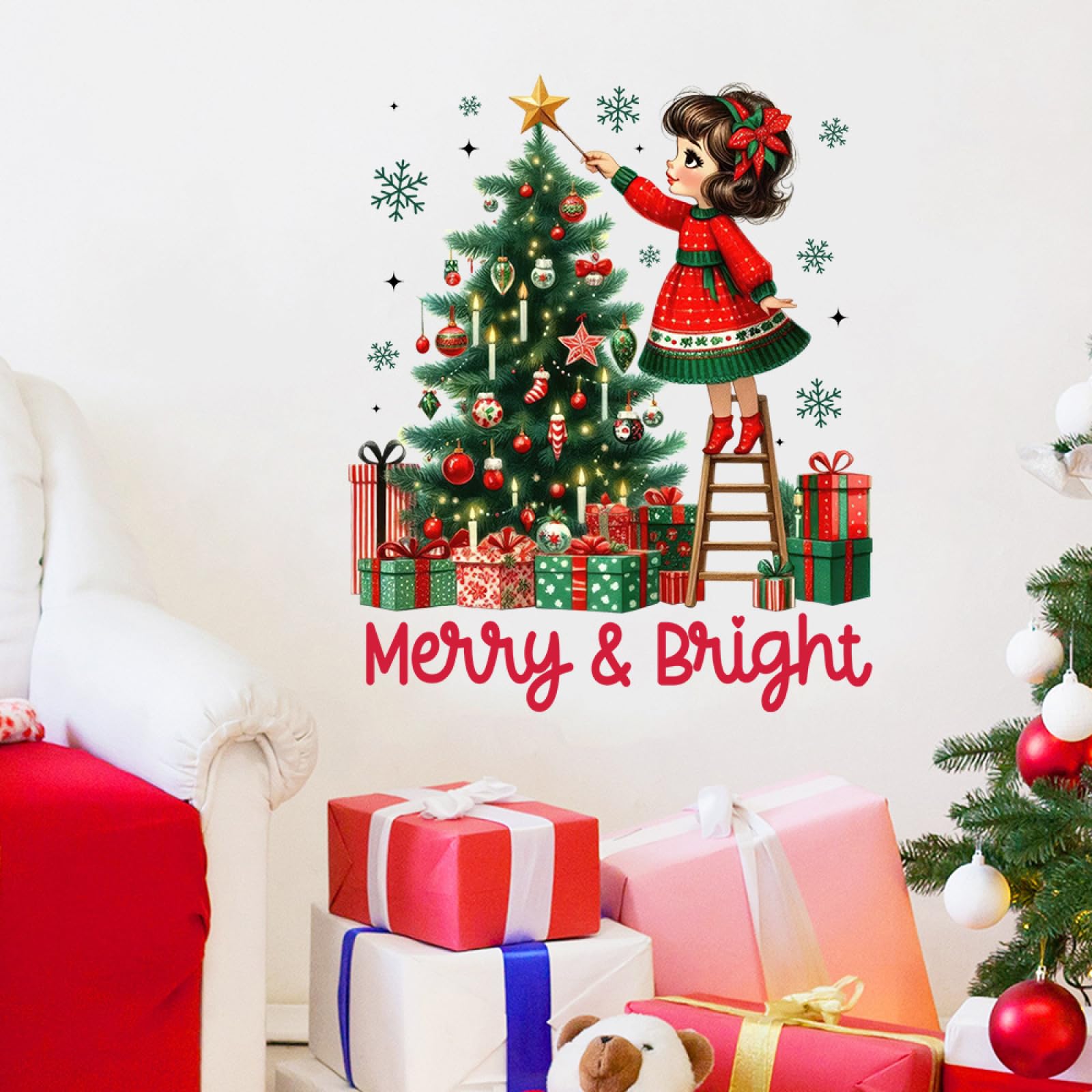 Autocollant de Noël jolie fille : l'élégance festive pour votre salon