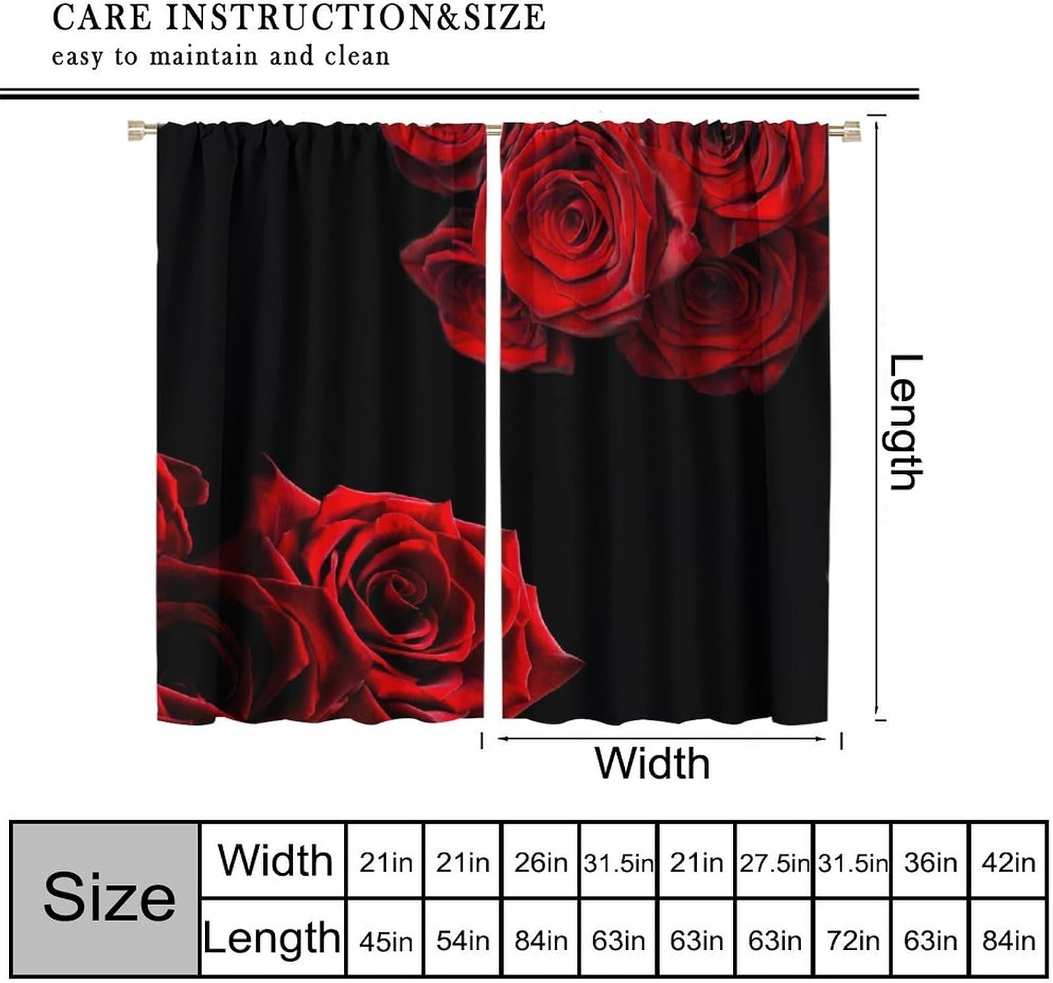Romantic Rose Curtains,Valentine's Day Red Floral Black Background Art Print Window Drapes for Bedroom Living Room Kitchen Cafe （W20xL45 Inch） x2 Decor image 2