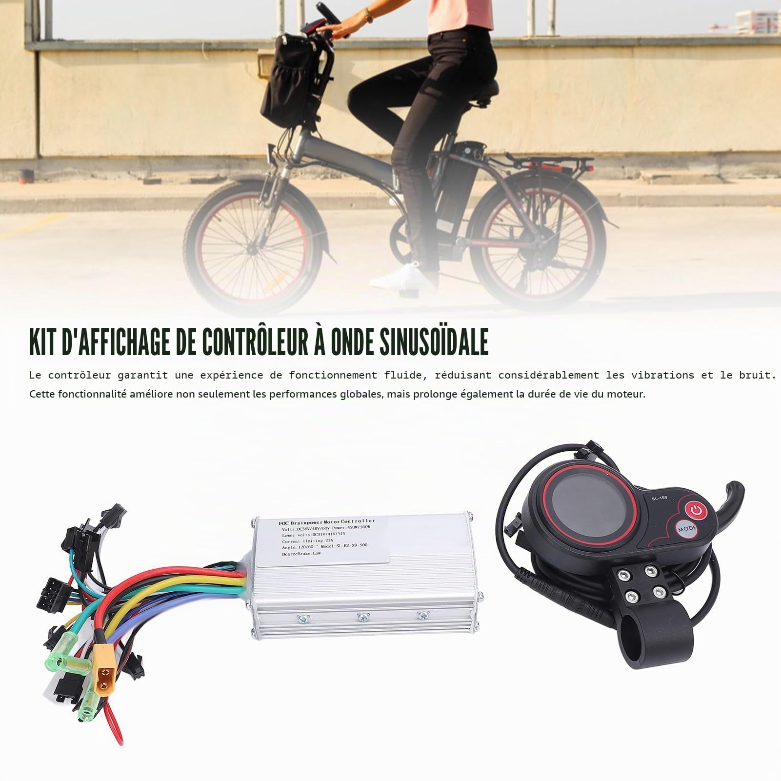 Kit de Contrôleur de Moteur sans Balai, 36V 48V 60V 450W 500W Contrôleur d'onde Sinusoïdale avec Écran d'Affichage Couleur LCD SL100 pour Vélo Électrique Scooter Électrique