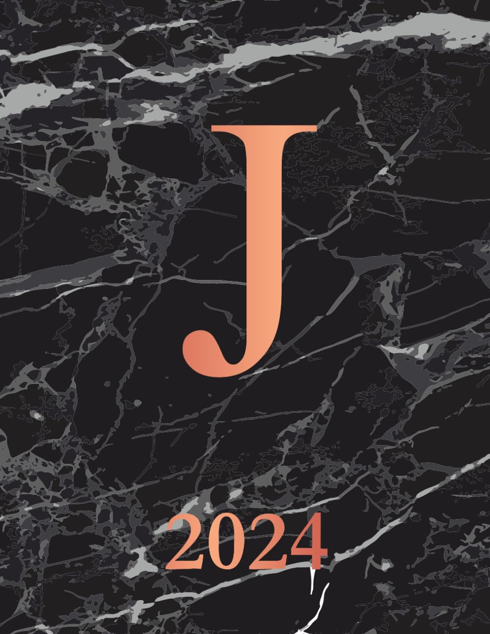 J: 2024. Monogrammed Initial J Weekly Planner Diary For 2024. Black Marble & Rose Gold Cover. Datebook Calendar Schedule