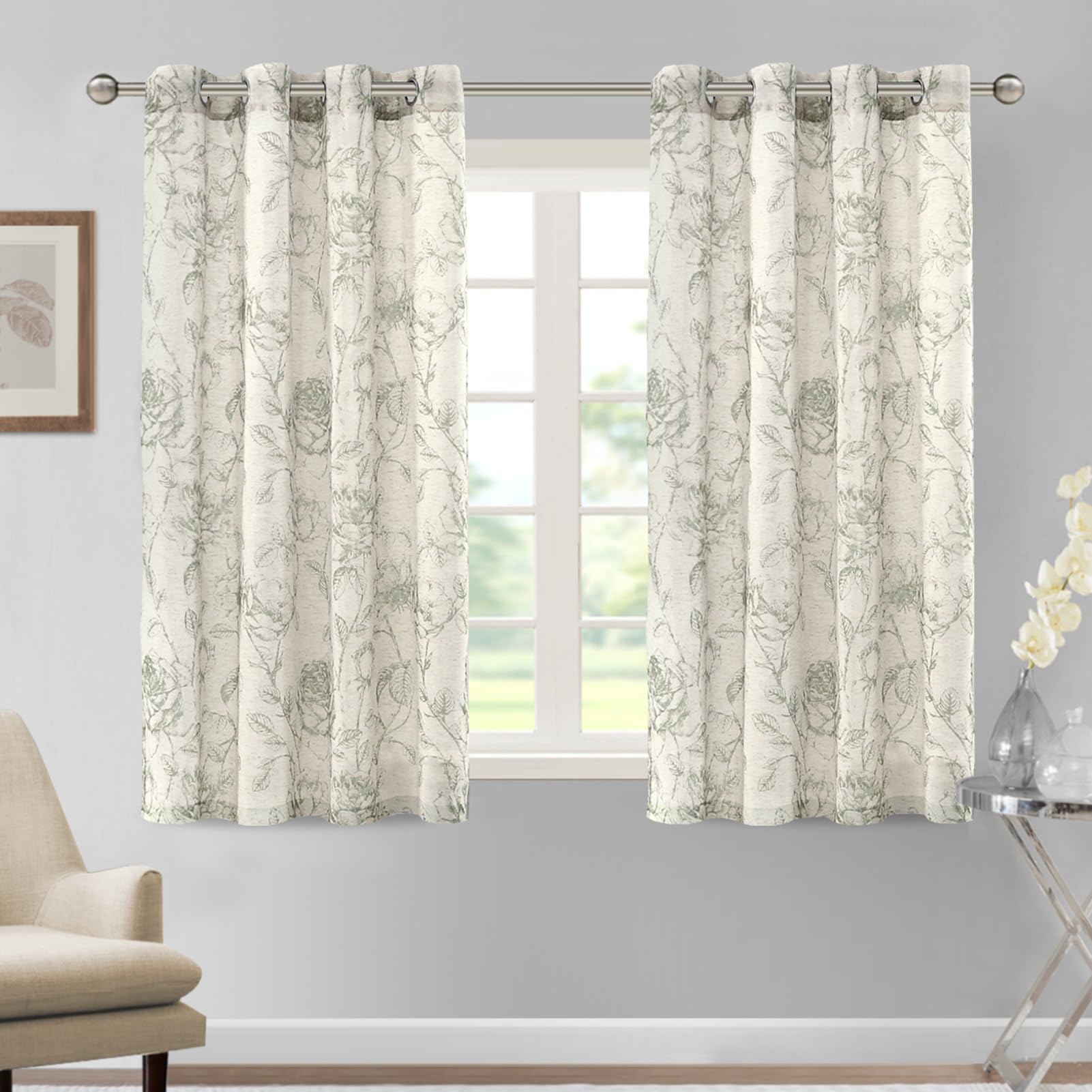 DEZYPZAM Floral Linen Semi Sheer Curtains, Light Filtering Privacy Window Curtains, Semi Sheer Window Curtain Drapes for Living Room/Bedroom (Gray Green,52 x 54 inch)