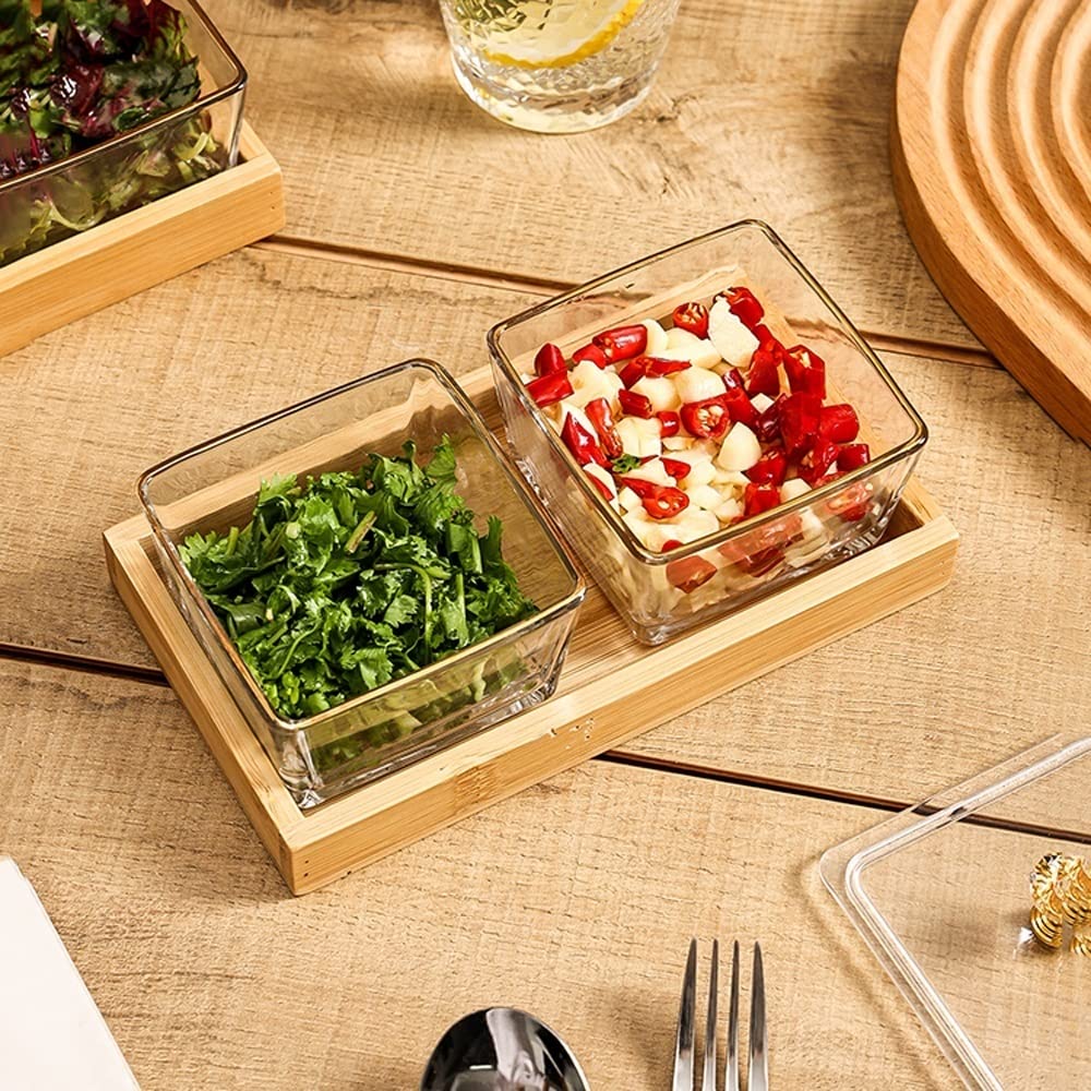 Dipschüsseln, Snackschüsseln, Salatteller, Glas-Snackschüssel mit zwei Fächern und Chassis, quadratischer geteilter Obst-Snack-Essteller for Familienrestaurants