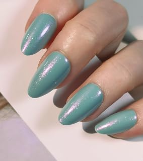 Morily Short Fake Press on Nails Almond with Glitter Designs, Blue - Green Acrylic Thick Stick on False Nail Reusable Glossy Full Cover Manicure for Women, 32 Pcs
