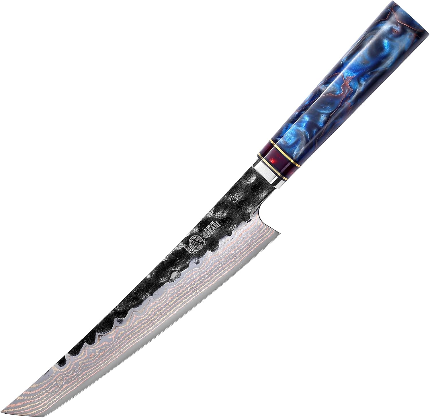 mitsumoto sakari 21 cm japanese knife hand-forged kitchen knife made of tri-color copper damascus steel professional meat sushi chef's knife blue resin handle and exquisite wooden box