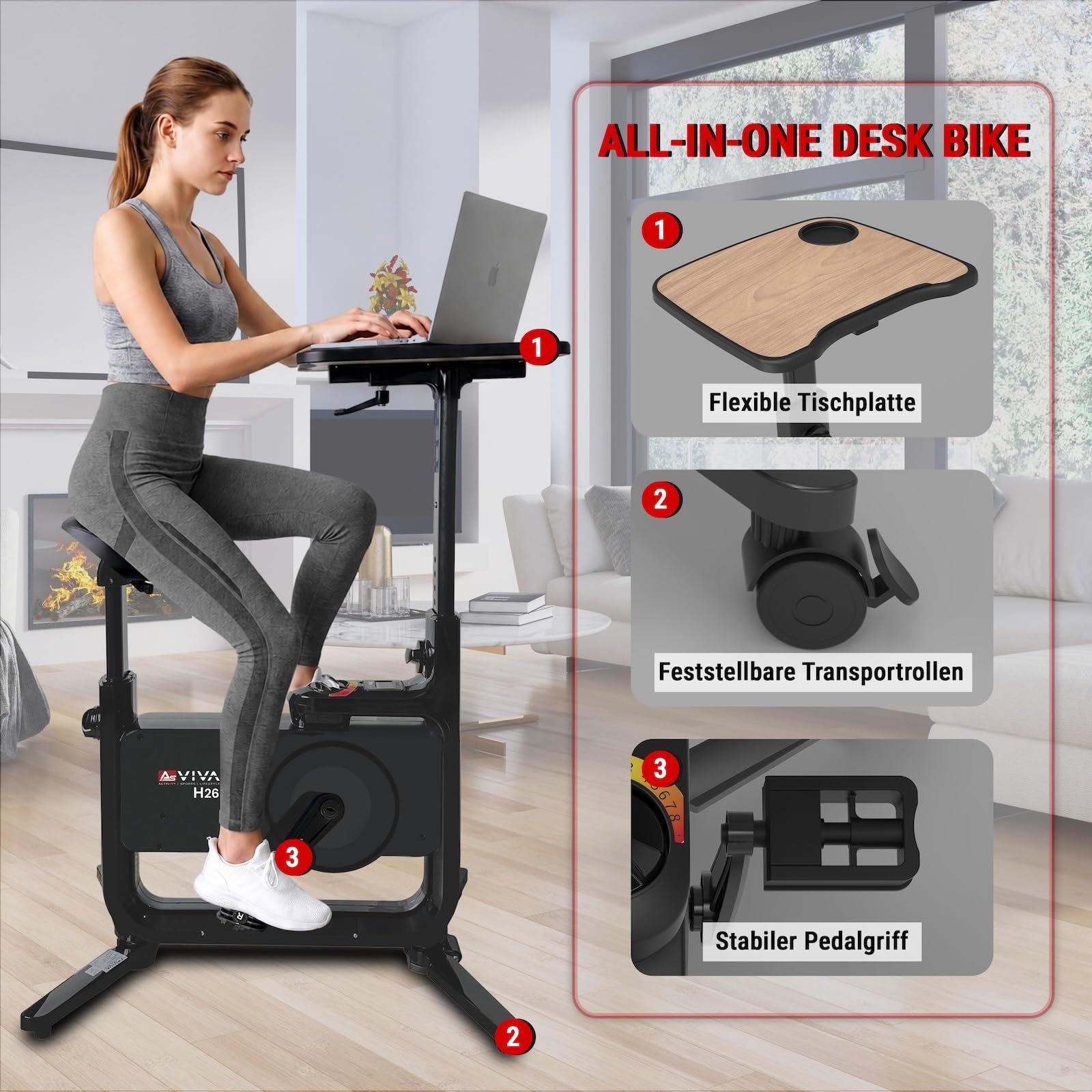 AsVIVA H26 Desk-Bike rower treningowy – rower biurkowy z regulowanym blatem, rower fitness do biura i domu, cichy hamulec magnetyczny, 8 poziomów oporu, komfortowe siodełko 360°, kółka transportowe