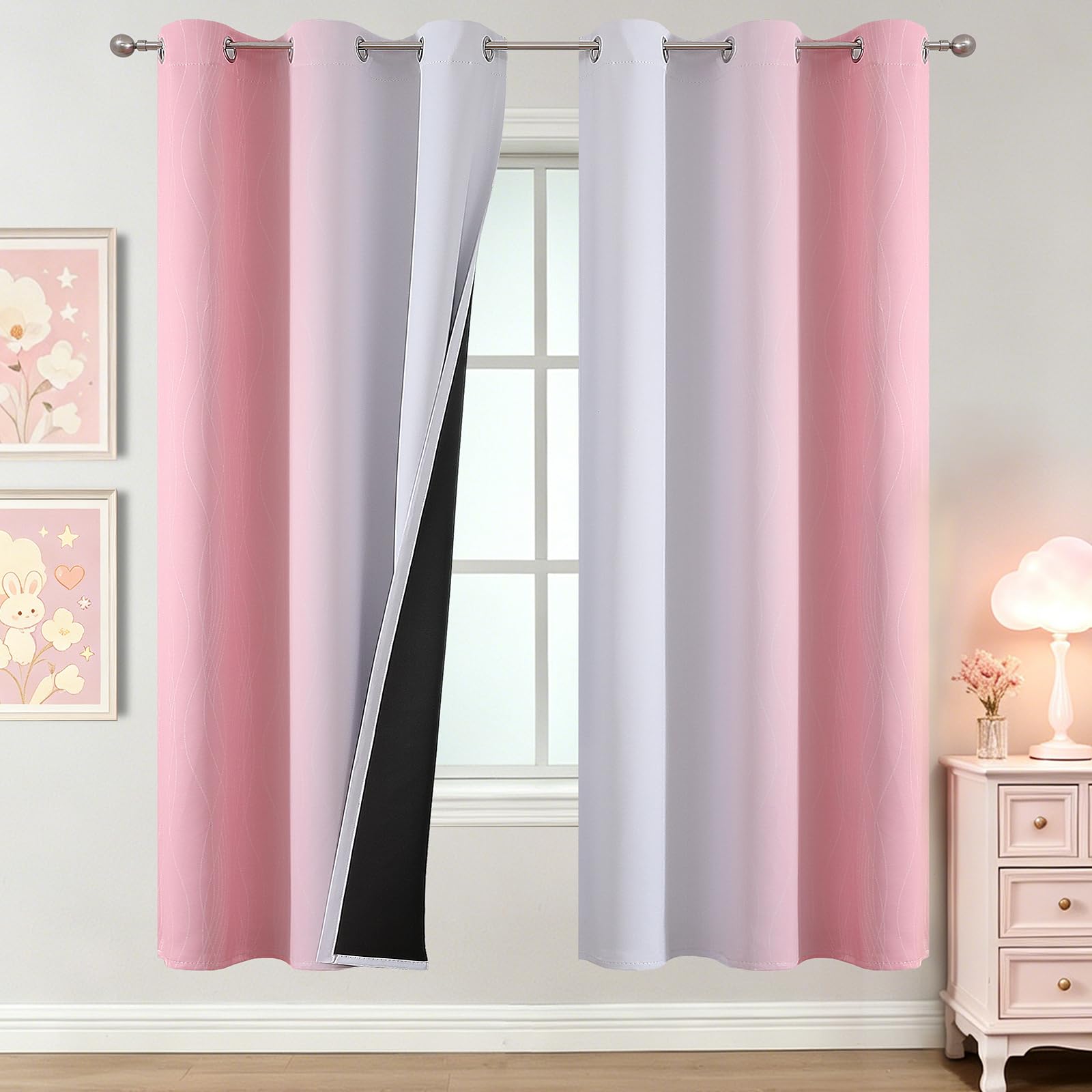 Estelar Textiler Pink and Greyish White Ombre Blackout Curtains 72 Inch Long for Kids Bedroom, Room Darkening Thermal Insulated Grommet Gradient Window Drapes for Living Room/Nursery, 42Wx72L,2 Panels