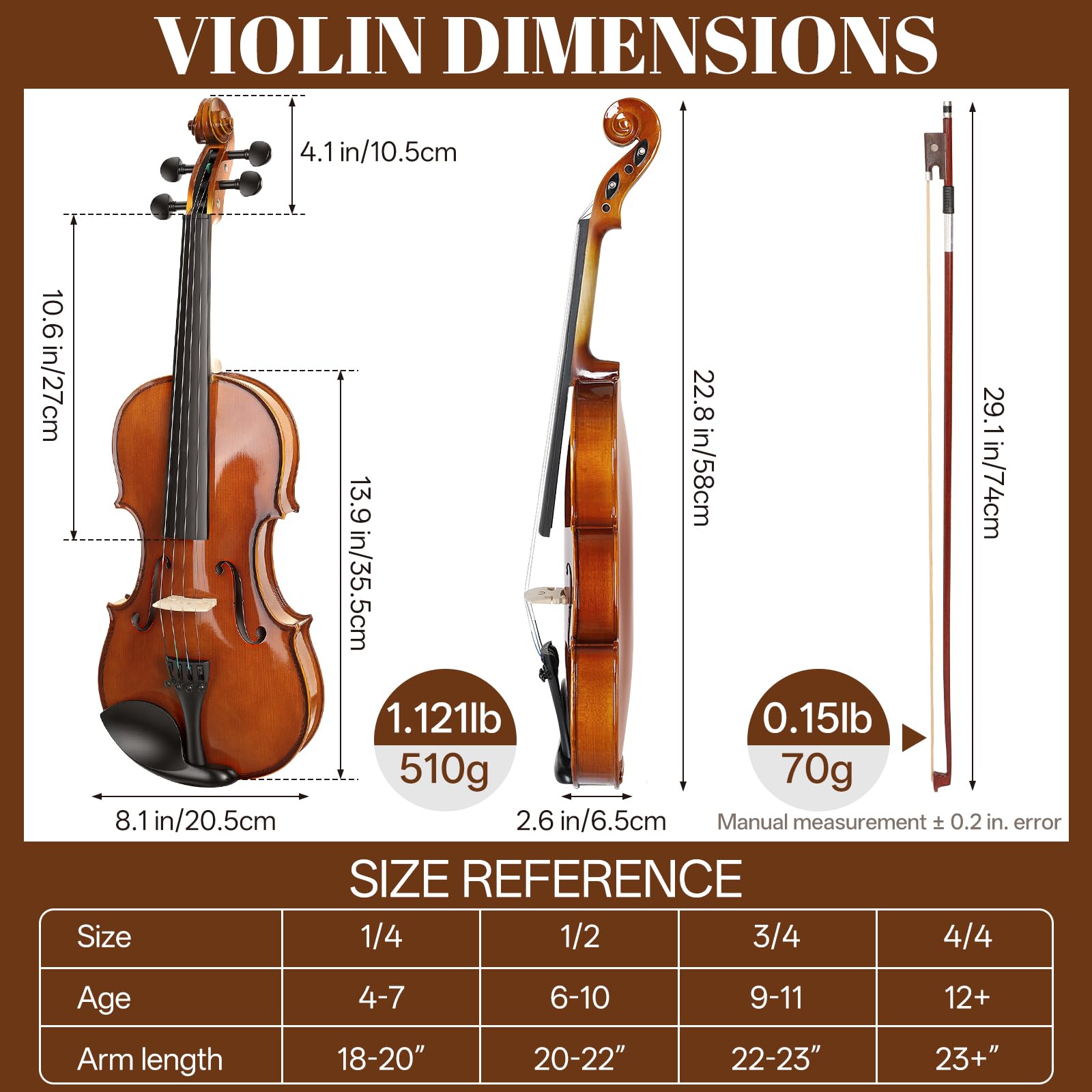 Kmise Violine 4/4 Full Set High Density Ebenholz Violinen Glänzend Akustische Geige für Erwachsene Anfänger Studenten mit Violinkoffer Kolophonium Saiten Bogen Schulterstütze & Führung (Rotbraun 4/4)