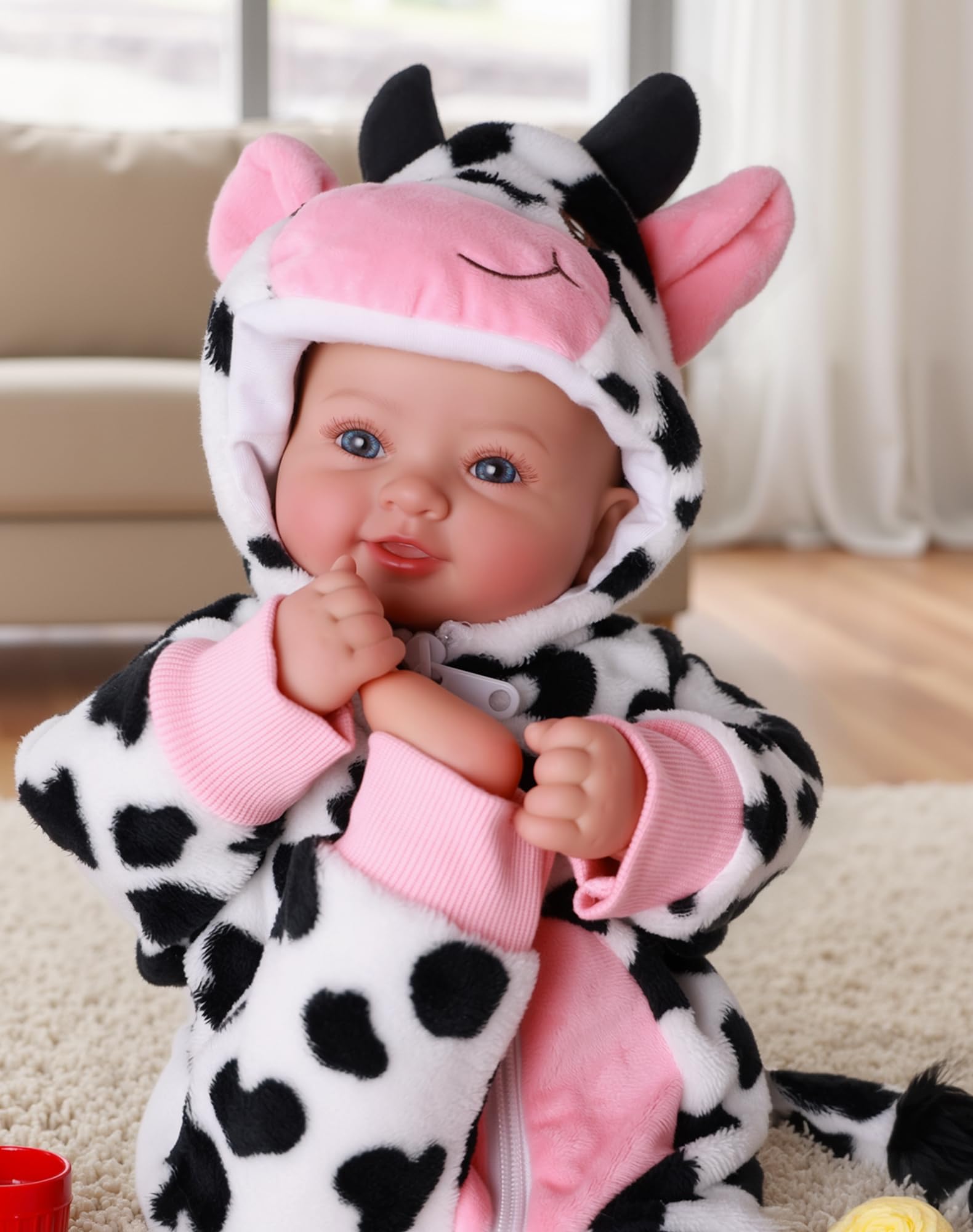 BABESIDE Baby Doll Girl - 17-Inch Soft Body Realistic Baby Doll with Blue Eyes and Cow Outfit Real Life Baby Dolls for 3 4 5 6 7 8 9 Years Girl Birthday Gifts, Pretend Play, Christmas & Collection
