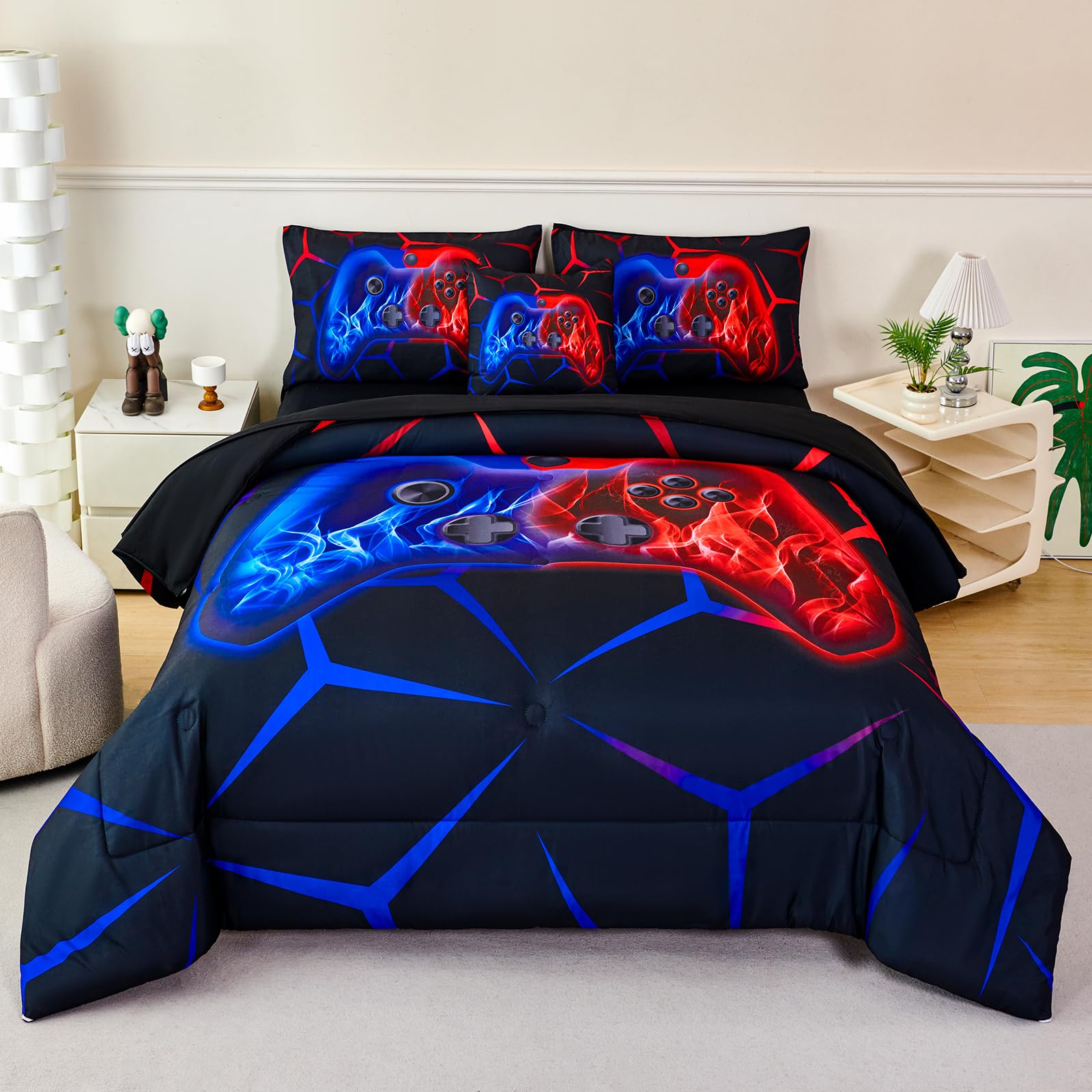ZRNBAST 6-Piece Gamer Comforter Set Queen Size Red and Blue Gaming Bedding Sets for Boys with Sheets Soft Fluffy Game Console Design Bed in a Bag (Red