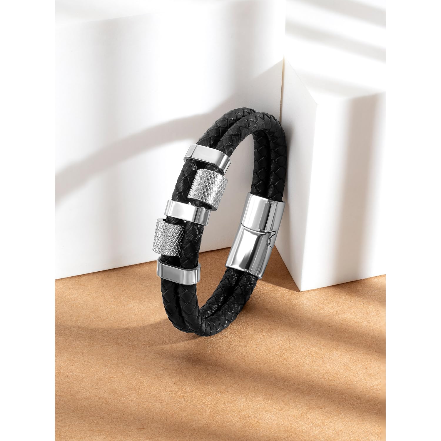 Silver Plated Leather Bracelet Stylish Jewellery for Men & Women