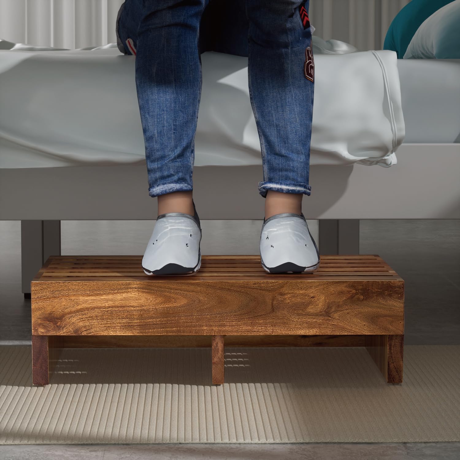 Acacia Wood Step Platform (25'' L x 16'' W x 6.5'' H, No Assembly Required), Outdoor Steps with Non-Skip Pads for Seniors, Wooden One Step Stool for Bed, Stair, Bathroom, Kitchen, Garden 6.5‘’ H