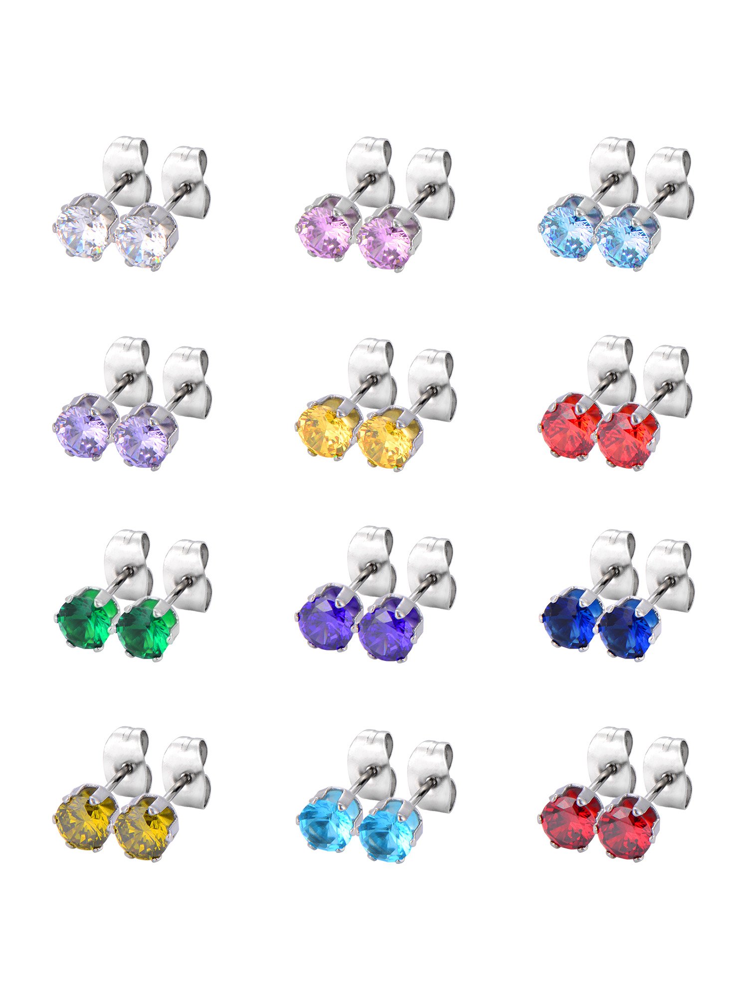 12 Pairs Stud Earrings Stainless Steel Ear Studs Round Cubic Zircon